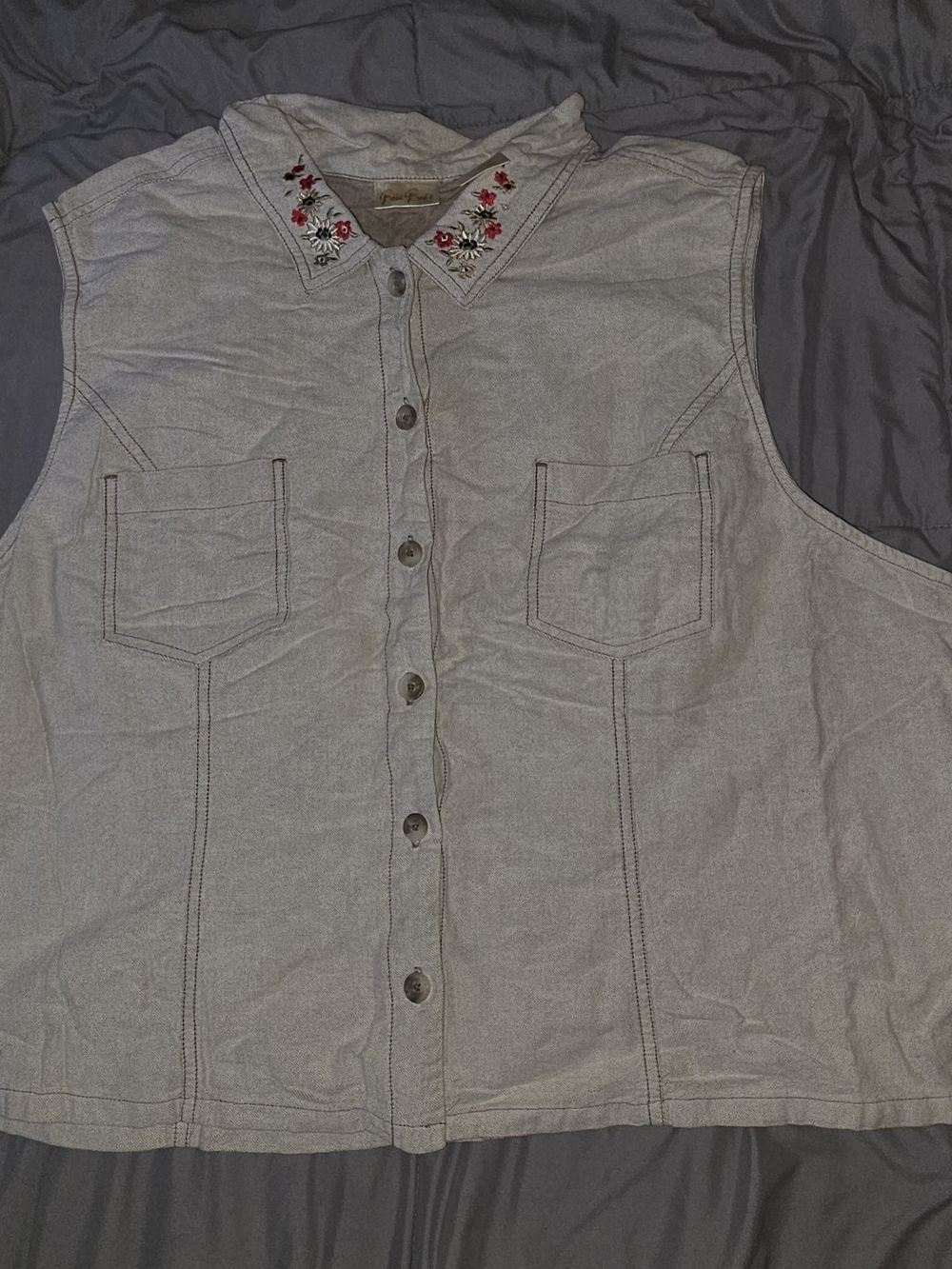Bobbie Brooks Tan Sleeveless Button-Down Vest with Embroidered Collar